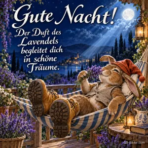 Hase mit Zipfelmütze liegt im Lavendel in einer Hängematte unter dem Mond, Text: Gute Nacht! Der Duft des Lavendels begleitet dich in schöne Träume.