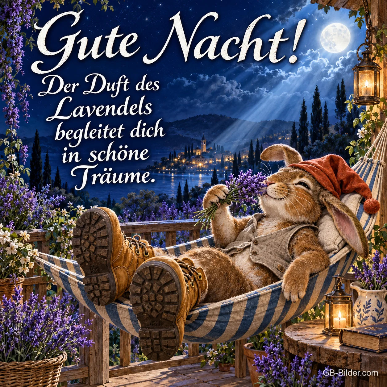 Hase mit Zipfelmütze liegt im Lavendel in einer Hängematte unter dem Mond, Text: Gute Nacht! Der Duft des Lavendels begleitet dich in schöne Träume.