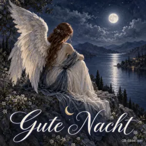Engel mit Flügeln sitzt auf einem Felsen am See bei Vollmond, Text: Gute Nacht