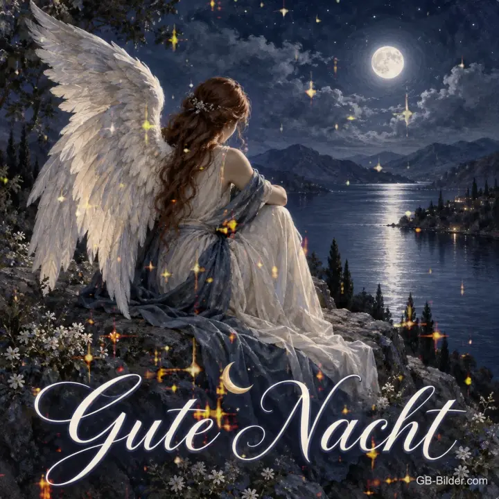 Engel mit Flügeln sitzt auf einem Felsen am See bei Vollmond, Text: Gute Nacht