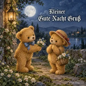 Teddybär schenkt einem Teddybären mit Strohhut Blumen bei Mondschein, Text: Kleiner Gute Nacht Gruß
