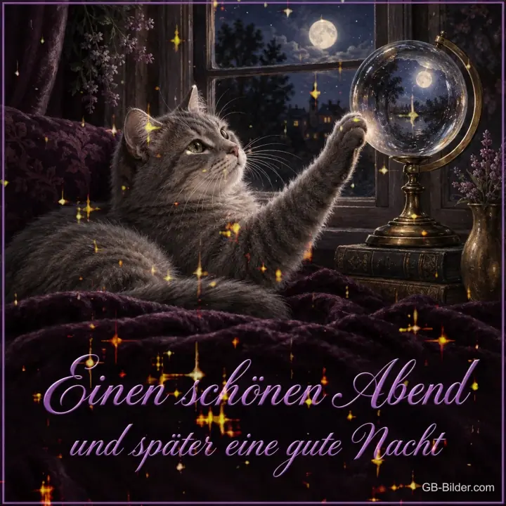 Graue Katze greift nach einer Glaskugel am Fenster bei Vollmond, Text: Einen schönen Abend und später eine gute Nacht
