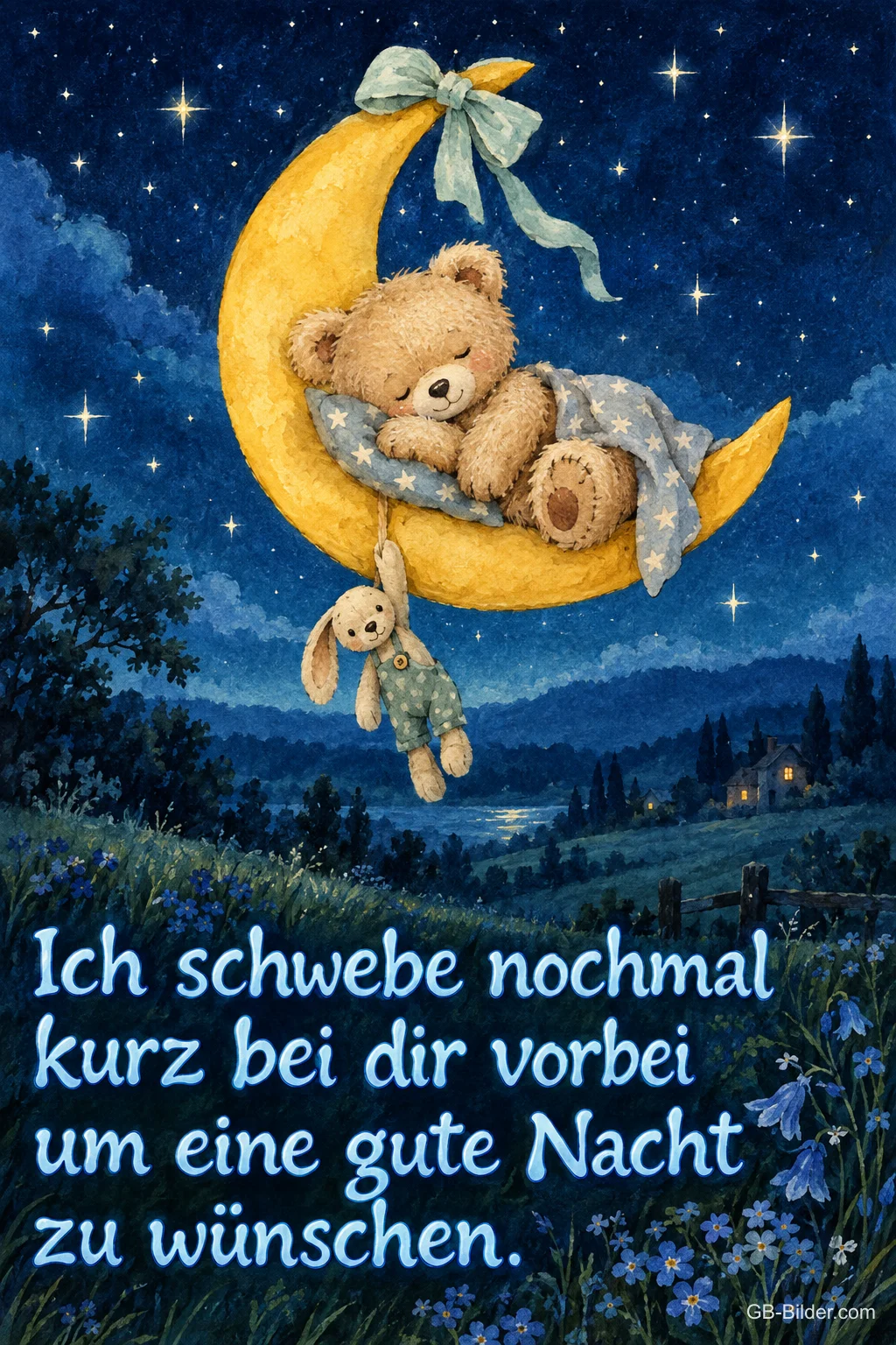 Teddybär schläft auf einer Mondsichel mit Stoffhase, Text: Ich schwebe nochmal kurz bei dir vorbei um eine gute Nacht zu wünschen.