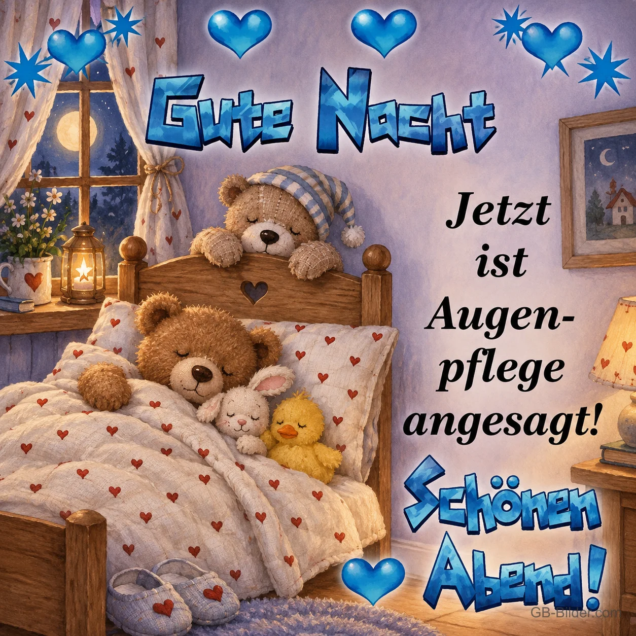 Zwei Teddybären mit Stoffhase und Küken im Bett, Text: Gute Nacht – Jetzt ist Augenpflege angesagt! Schönen Abend!