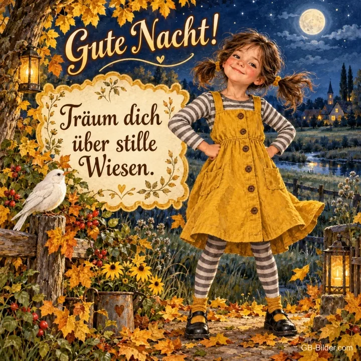 Mädchen mit Zöpfen und gelbem Kleid steht im Herbstgarten unter dem Vollmond, Text: Gute Nacht! Träum dich über stille Wiesen.