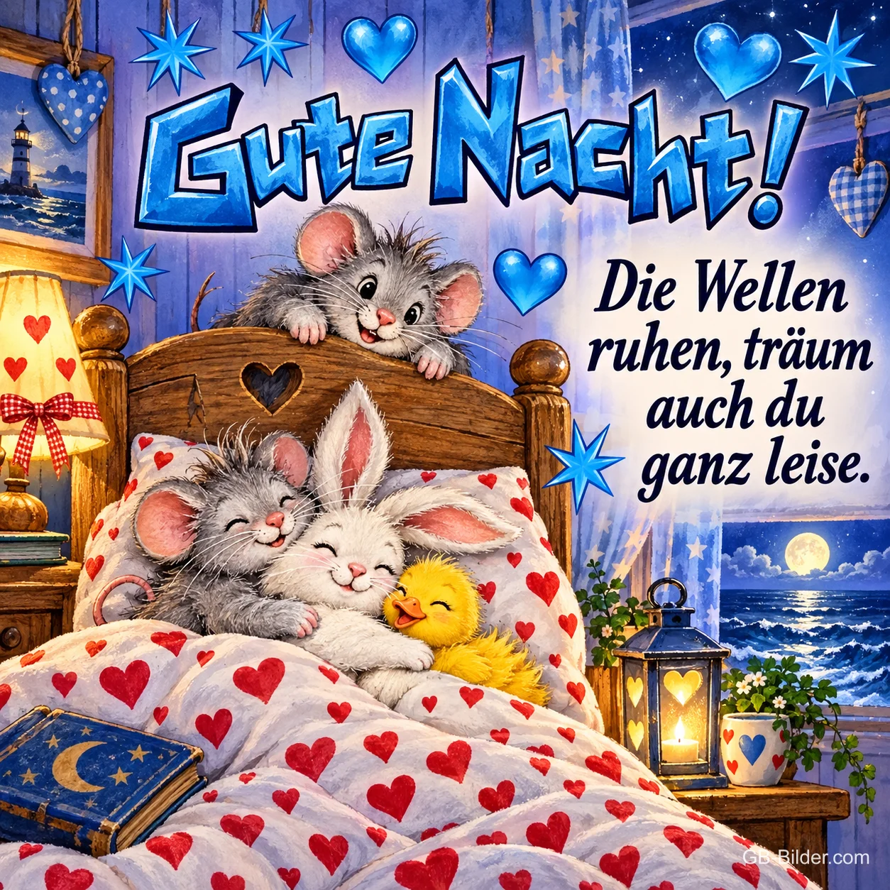 Mäuse, Hase und Küken kuscheln im Herzchenbett, Mond über dem Meer, Text: Gute Nacht! Die Wellen ruhen, träum auch du ganz leise.
