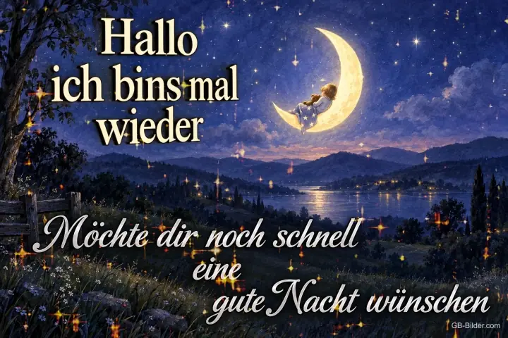 Mondsichel über einem nächtlichen Tal mit See, Text: Hallo ich bins mal wieder. Möchte dir noch schnell eine gute Nacht wünschen Mondsichel über einem nächtlichen Tal mit See, Text: Hallo ich bins mal wieder. Möchte dir noch schnell eine gute Nacht wünschen