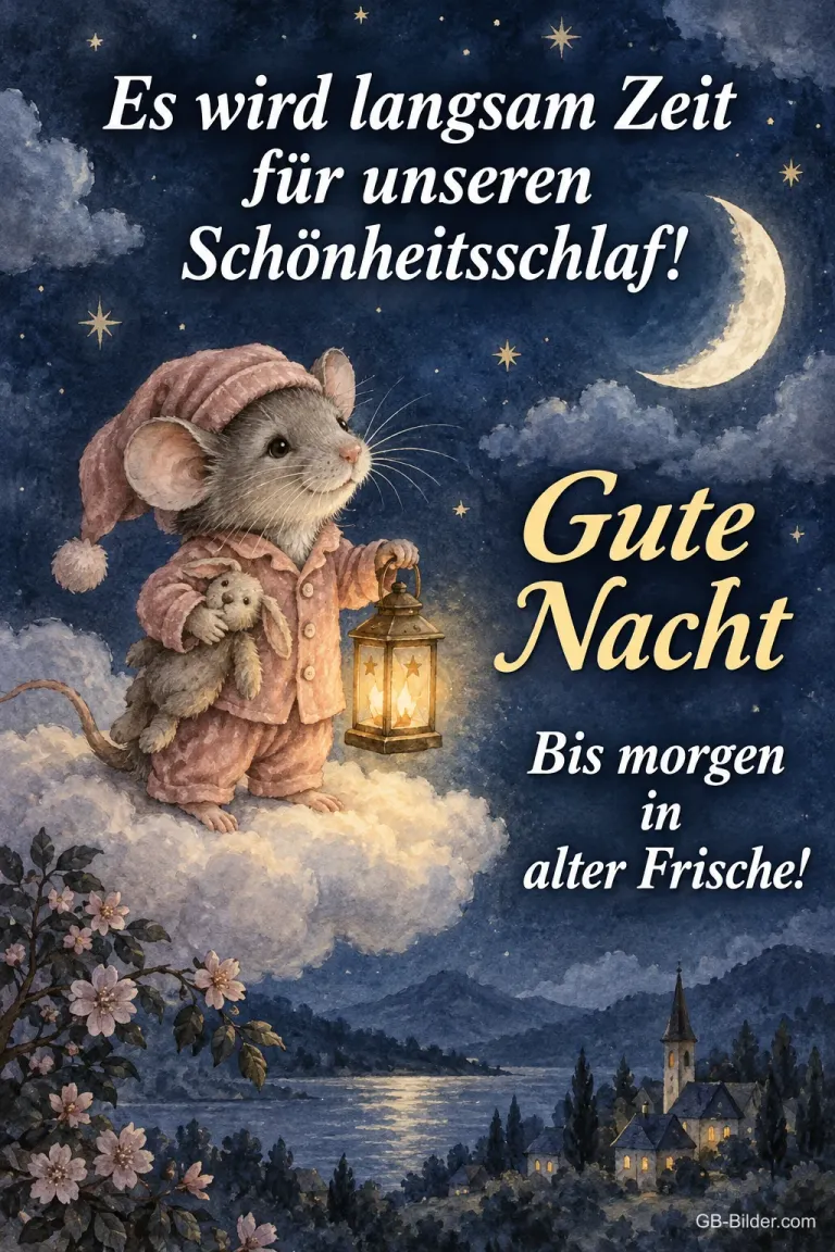 Maus im rosa Nachthemd mit Laterne auf einer Wolke, Text: Es wird langsam Zeit für unseren Schönheitsschlaf! Gute Nacht – Bis morgen in alter Frische!