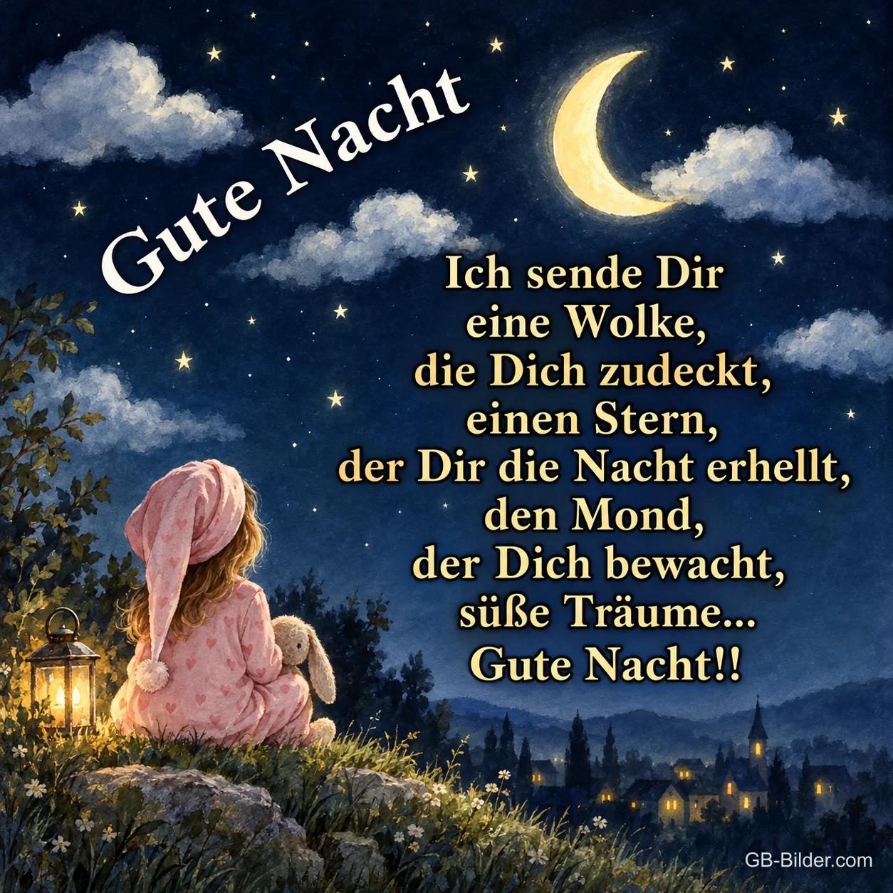 Kind mit Mütze sitzt auf einem Hügel unter der Mondsichel, Text: Gute Nacht – Ich sende Dir eine Wolke, die Dich zudeckt, einen Stern, der Dir die Nacht erhellt, den Mond, der Dich bewacht, süße Träume… Gute Nacht!!