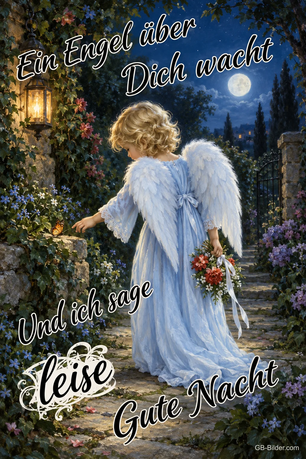 Kleiner Engel mit Flügeln streut Rosenblätter im nächtlichen Garten, Text: Ein Engel über Dich wacht und ich sage leise Gute Nacht