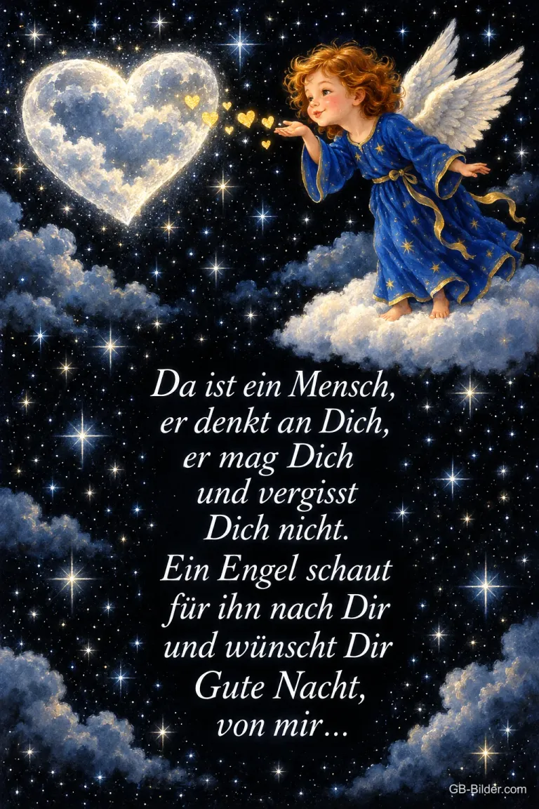 Kleiner Engel auf einer Wolke pustet goldene Herzen zu einem Wolkenherz, Text: Da ist ein Mensch, er denkt an Dich, er mag Dich und vergisst Dich nicht. Ein Engel schaut für ihn nach Dir und wünscht Dir Gute Nacht, von mir…