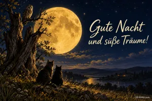 Zwei Katzen und eine Eule vor dem großen Vollmond, Text: Gute Nacht und süße Träume!