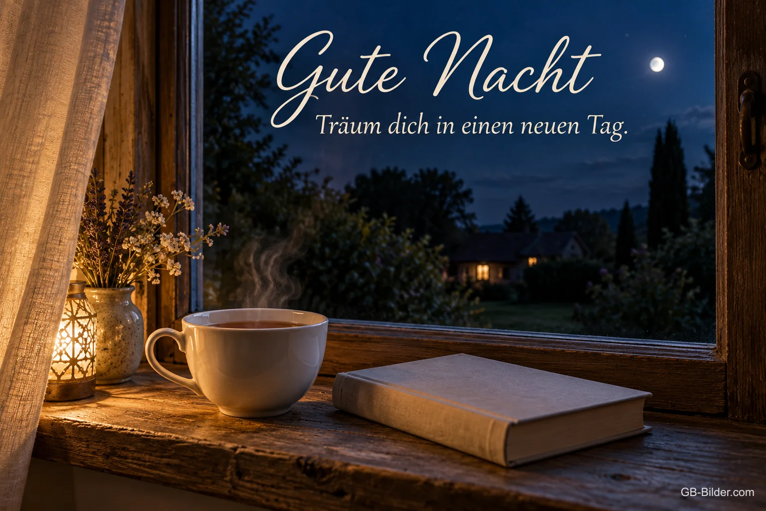 Tee am nächtlichen Fenster, Text: Gute Nacht