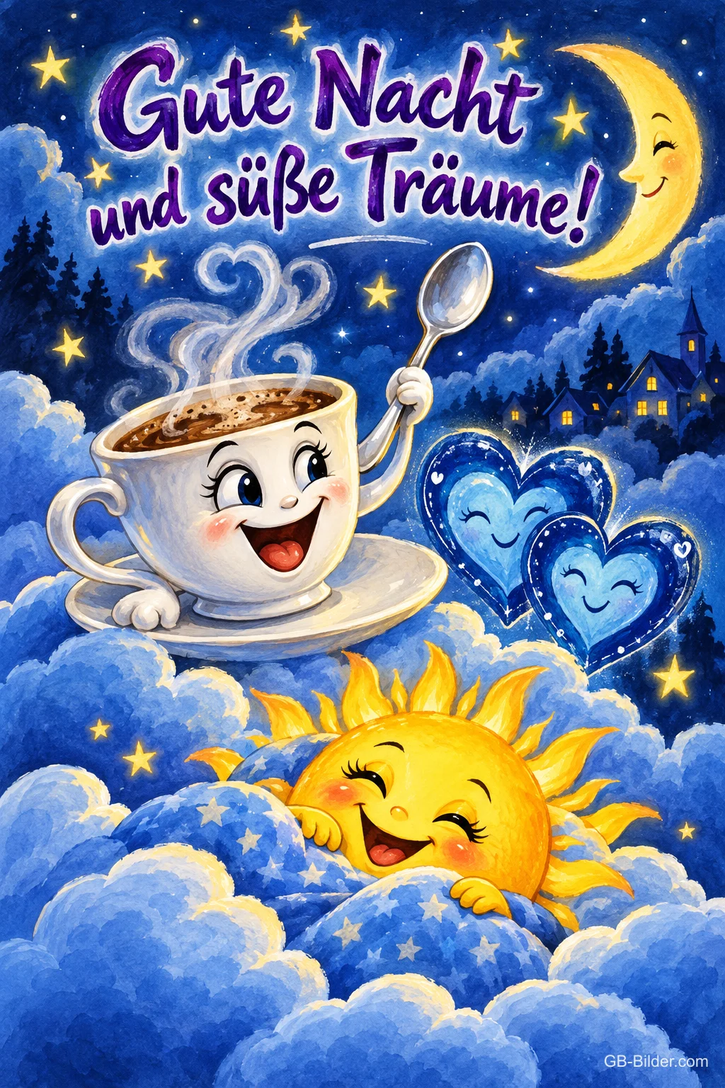 Lachende Kaffeetasse, blaue Herzen und schlafende Sonne in Wolken unter der Mondsichel, Text: Gute Nacht und süße Träume!