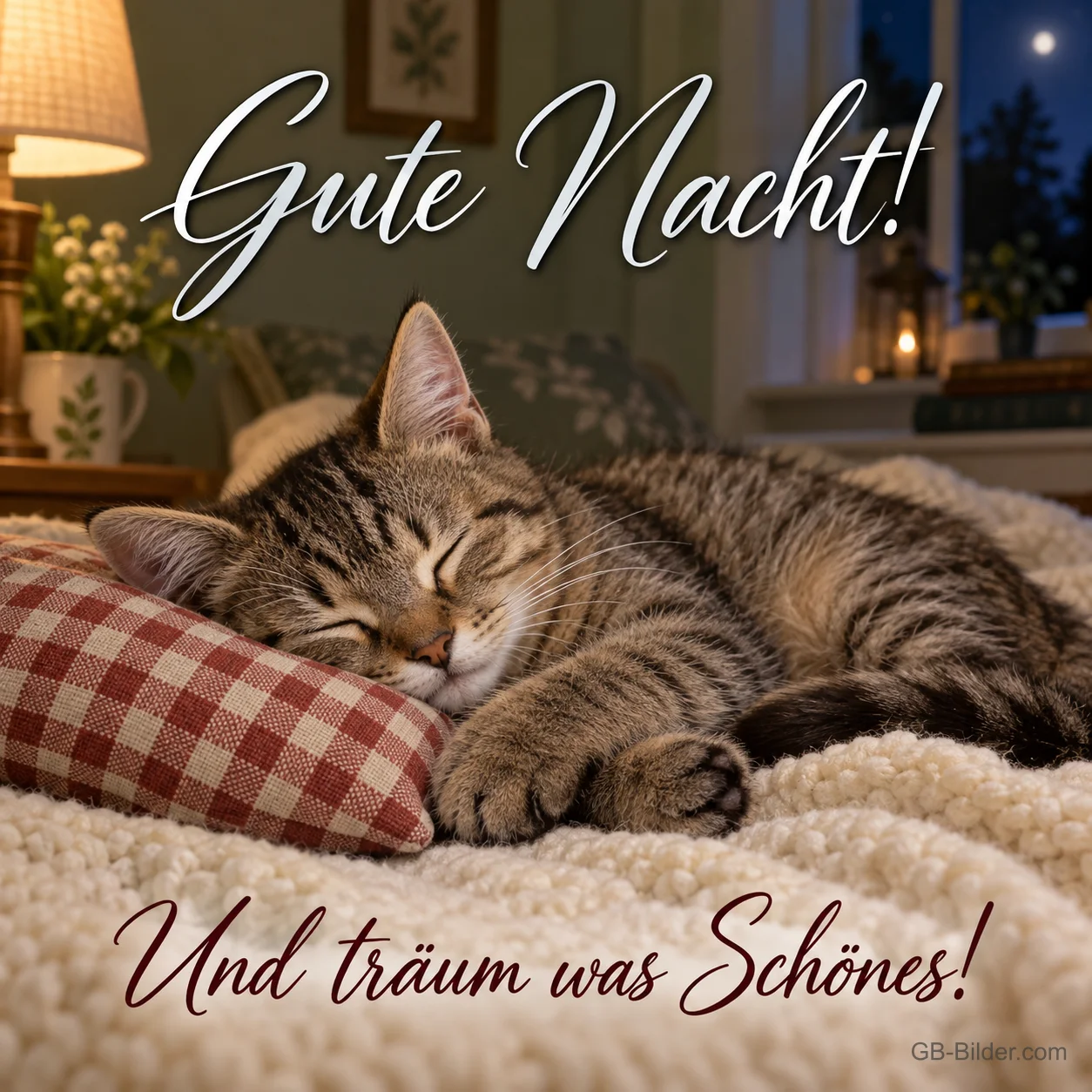 Getigertes Kätzchen schläft auf einem karierten Kissen, Text: Gute Nacht! Und träum was Schönes!