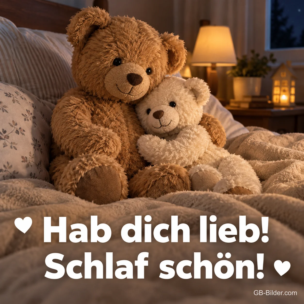 Zwei Teddybären umarmen sich im Bett, Text: Hab dich lieb! Schlaf schön!