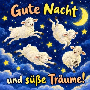 Vier Schäfchen springen fröhlich durch den Sternenhimmel unter der Mondsichel, Text: Gute Nacht und süße Träume!