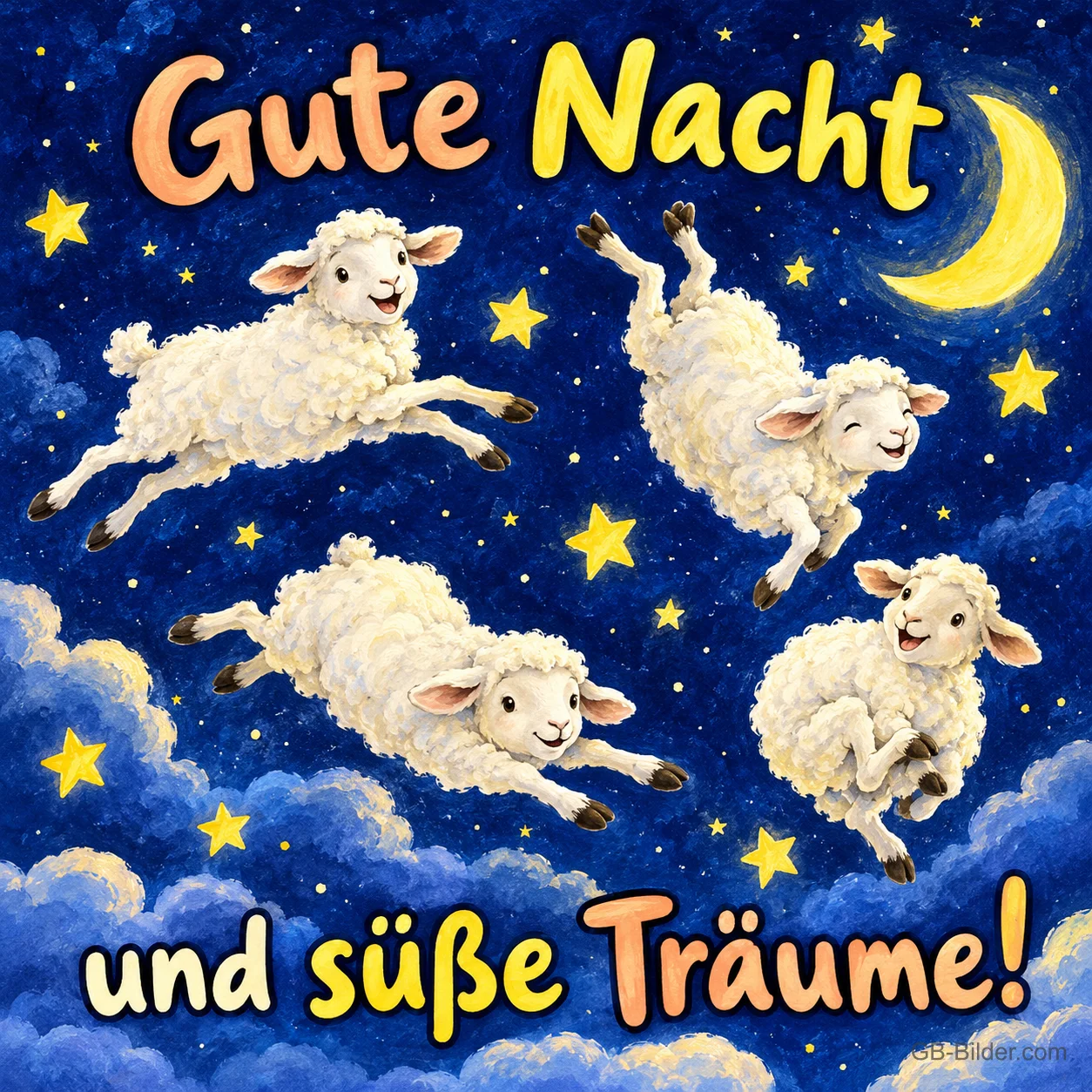 Vier Schäfchen springen fröhlich durch den Sternenhimmel unter der Mondsichel, Text: Gute Nacht und süße Träume!