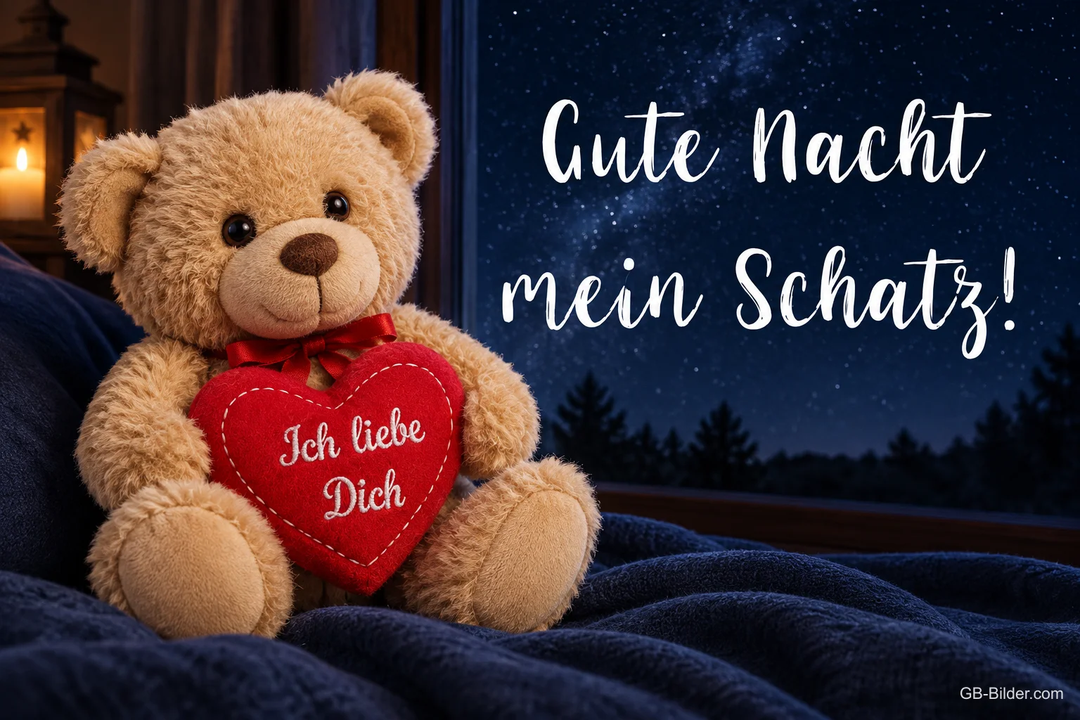 Teddybär hält ein rotes Herz mit der Aufschrift Ich liebe Dich, Text: Gute Nacht mein Schatz!