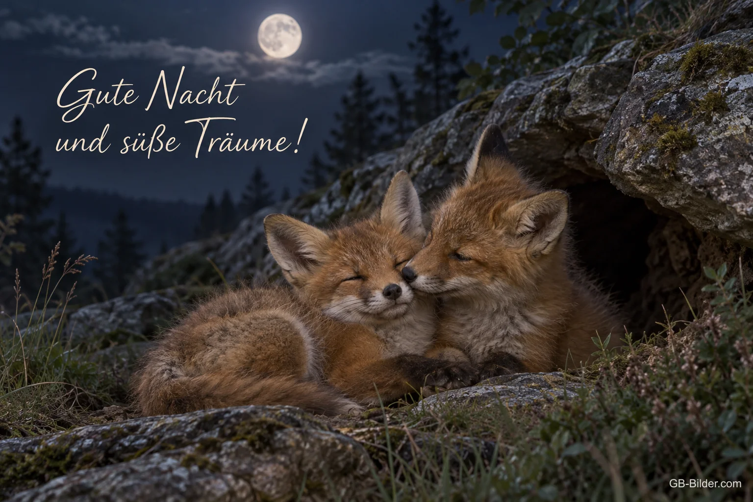 Zwei Fuchswelpen kuscheln vor ihrem Bau bei Vollmond, Text: Gute Nacht und süße Träume!
