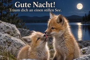 Zwei Fuchswelpen geben sich Nasenküsse am nächtlichen See, Text: Gute Nacht! Träum dich an einen stillen See.