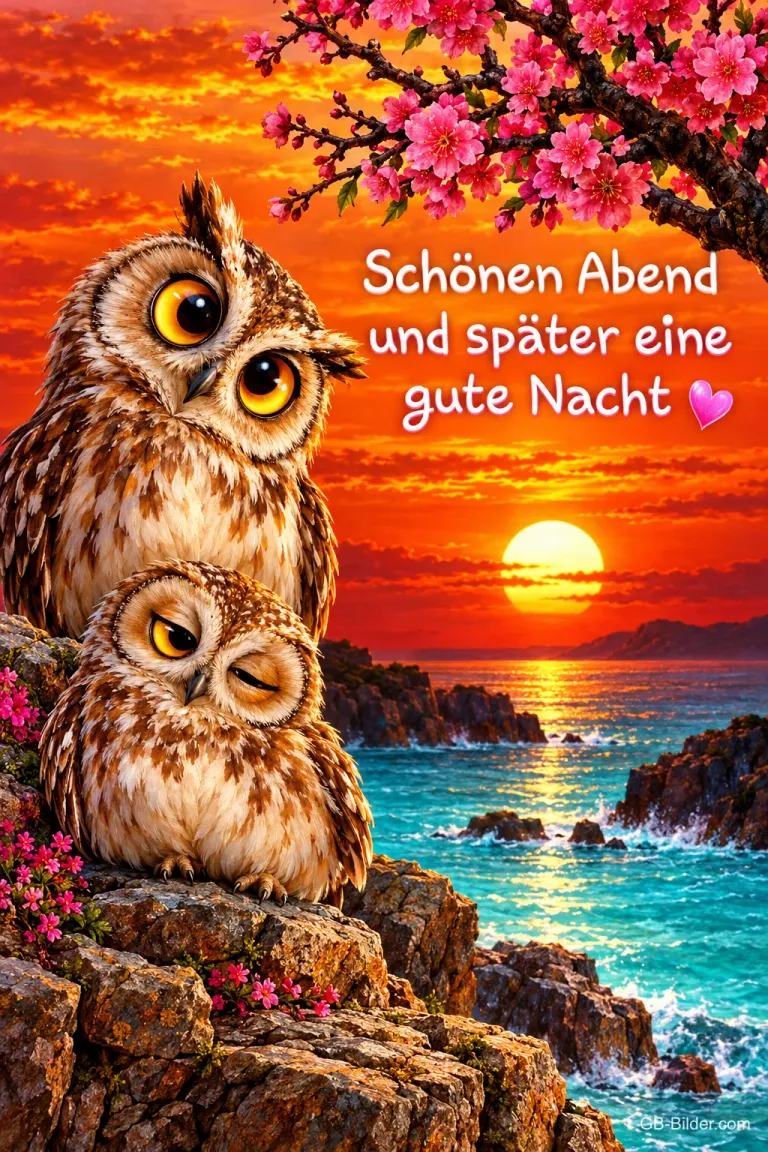 Zwei Eulen sitzen auf Felsen am Meer bei Sonnenuntergang, Kirschblüten, Text: Schönen Abend und später eine gute Nacht