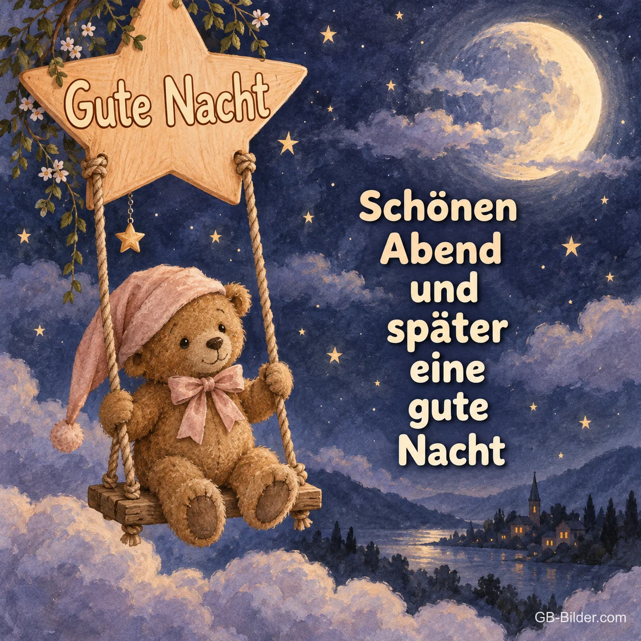 Teddybär mit Schlafmütze schaukelt an einem Holzstern über den Wolken, Text: Gute Nacht – Schönen Abend und später eine gute Nacht