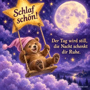 Bär mit Schlafmütze schaukelt an einem Stern über Wolken, Text: Schlaf schön! Der Tag wird still, die Nacht schenkt dir Ruhe.