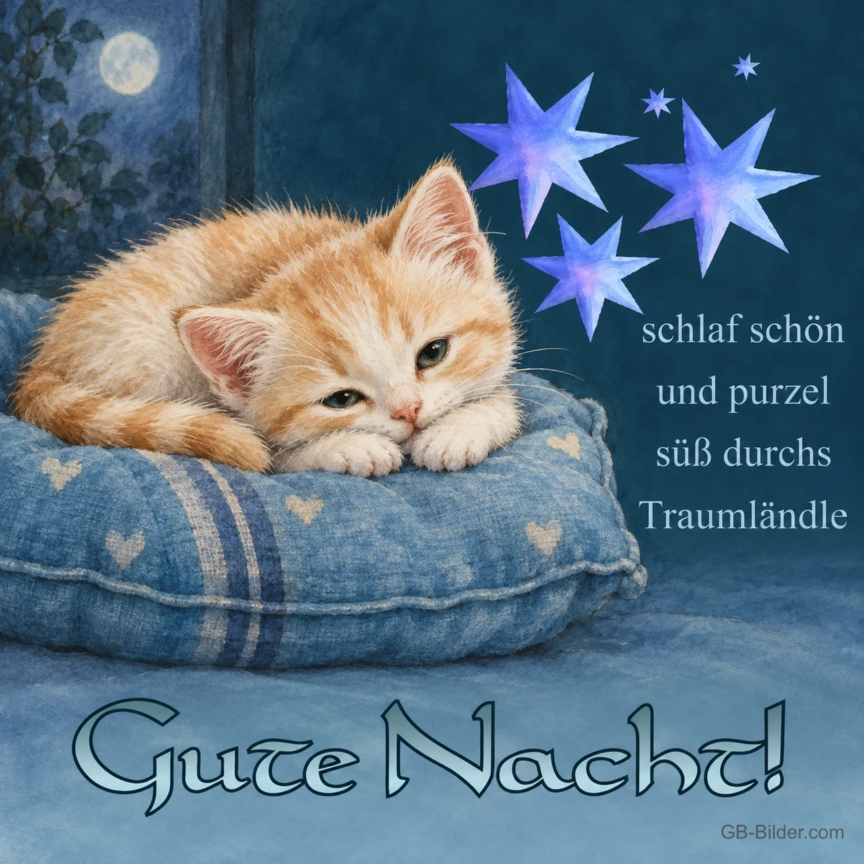 Rotes Kätzchen liegt auf einem blauen Kissen unter Sternen, Text: schlaf schön und purzel süß durchs Traumländle – Gute Nacht!