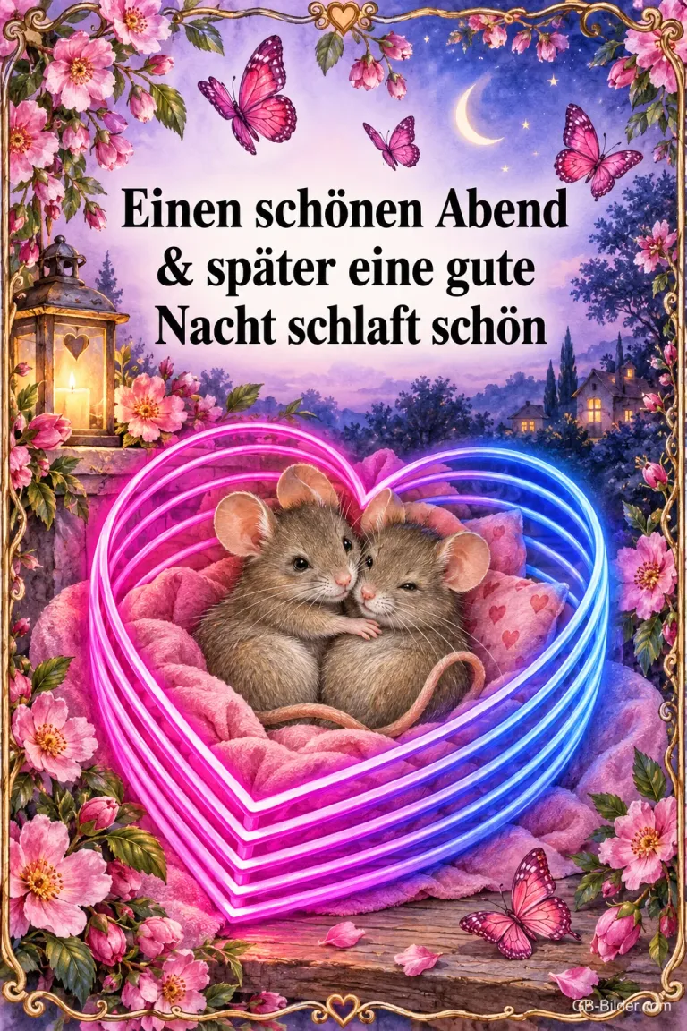 Zwei Mäuse kuscheln in einem leuchtenden Herzbett zwischen Blumen, Text: Einen schönen Abend & später eine gute Nacht schlaft schön