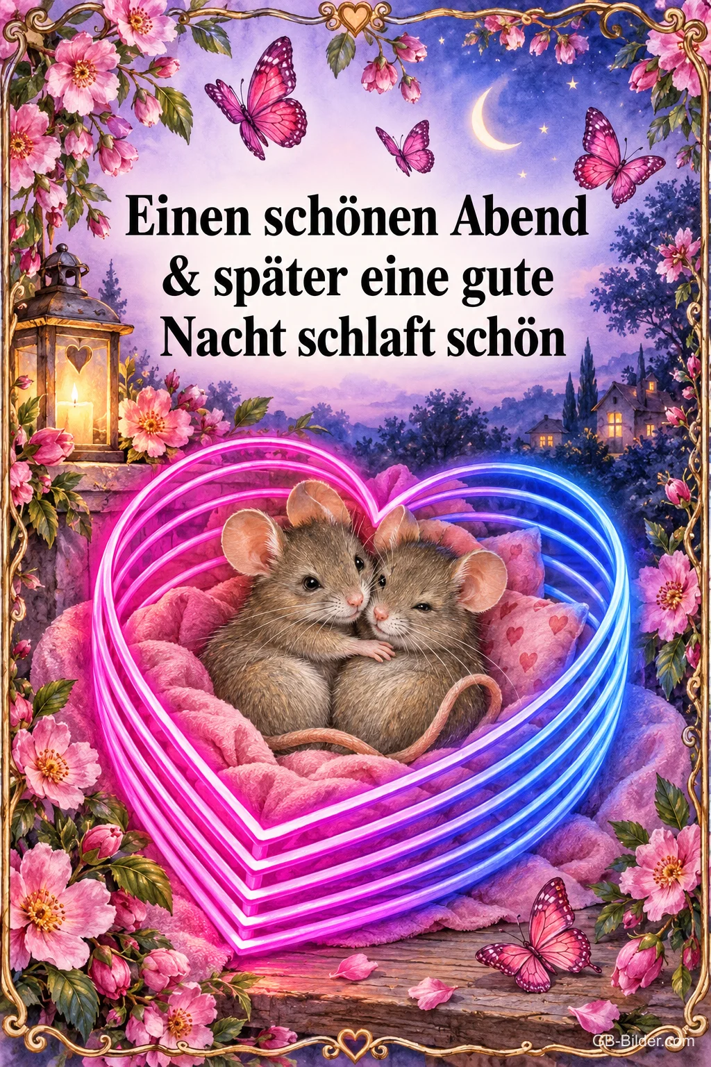 Zwei Mäuse kuscheln in einem leuchtenden Herzbett zwischen Blumen, Text: Einen schönen Abend & später eine gute Nacht schlaft schön