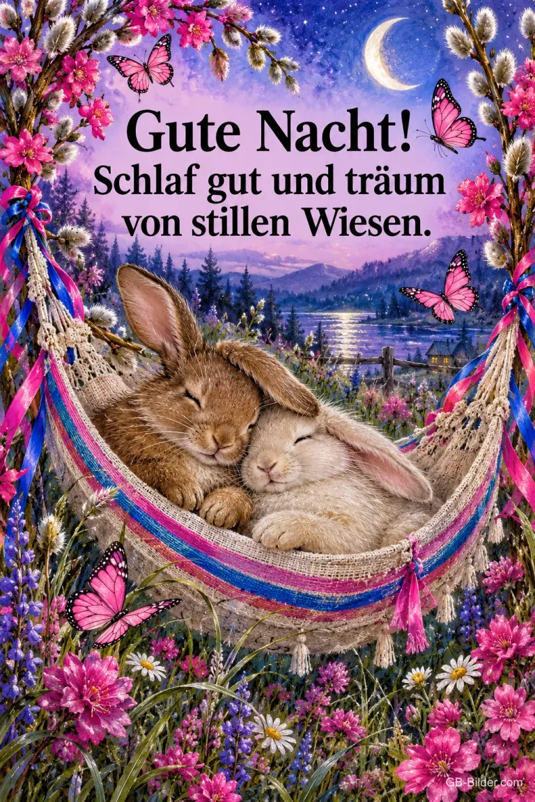 Zwei Hasen schlafen in einer Hängematte über einer Blumenwiese am See, Text: Gute Nacht! Schlaf gut und träum von stillen Wiesen.