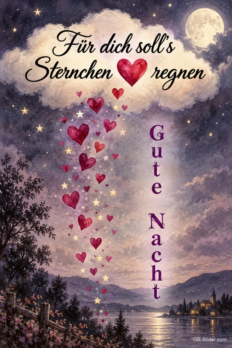 Rote Herzen fallen aus einer Wolke über einem nächtlichen See, Text: Für dich soll’s Sternchen regnen – Gute Nacht
