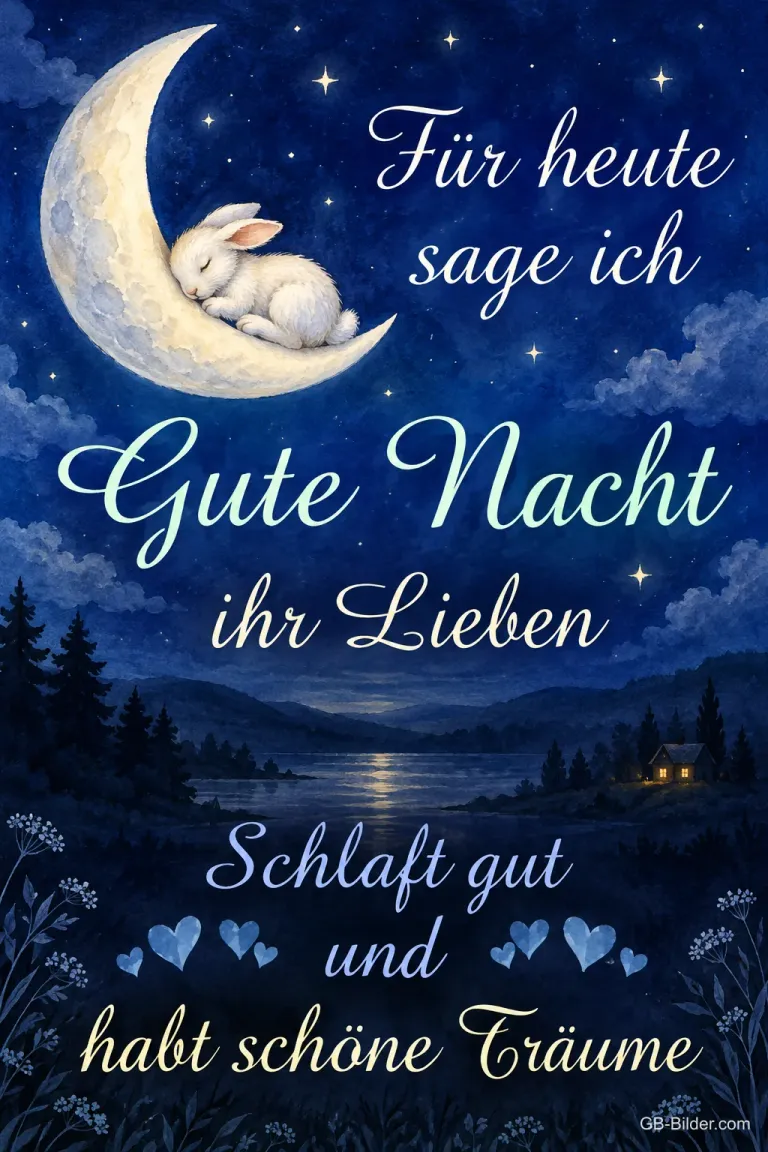 Weißer Hase schläft auf einer Mondsichel, Text: Für heute sage ich Gute Nacht ihr Lieben. Schlaft gut und habt schöne Träume