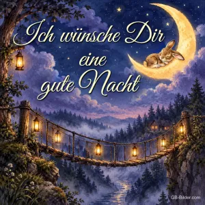Beleuchtete Hängebrücke unter einer Mondsichel mit schlafendem Hasen, Text: Ich wünsche Dir eine gute Nacht