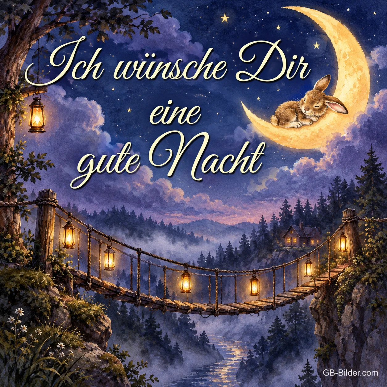 Beleuchtete Hängebrücke unter einer Mondsichel mit schlafendem Hasen, Text: Ich wünsche Dir eine gute Nacht