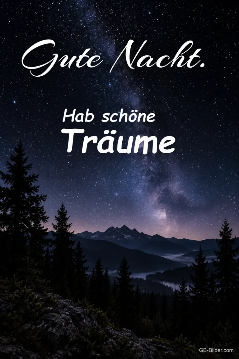 Milchstraße über einem dunklen Wald und Bergen, Text: Gute Nacht. Hab schöne Träume