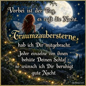 Fee mit Flügeln sitzt vor dem Vollmond zwischen Sternen, Text: Vorbei ist der Tag, es ruft die Nacht. Traumzaubersterne hab ich Dir mitgebracht. Jeder einzelne von ihnen behüte Deinen Schlaf, so wünsch ich Dir beruhigt gute Nacht