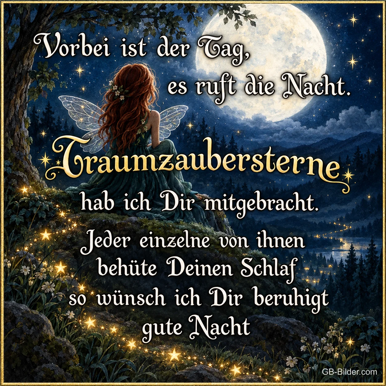 Fee mit Flügeln sitzt vor dem Vollmond zwischen Sternen, Text: Vorbei ist der Tag, es ruft die Nacht. Traumzaubersterne hab ich Dir mitgebracht. Jeder einzelne von ihnen behüte Deinen Schlaf, so wünsch ich Dir beruhigt gute Nacht