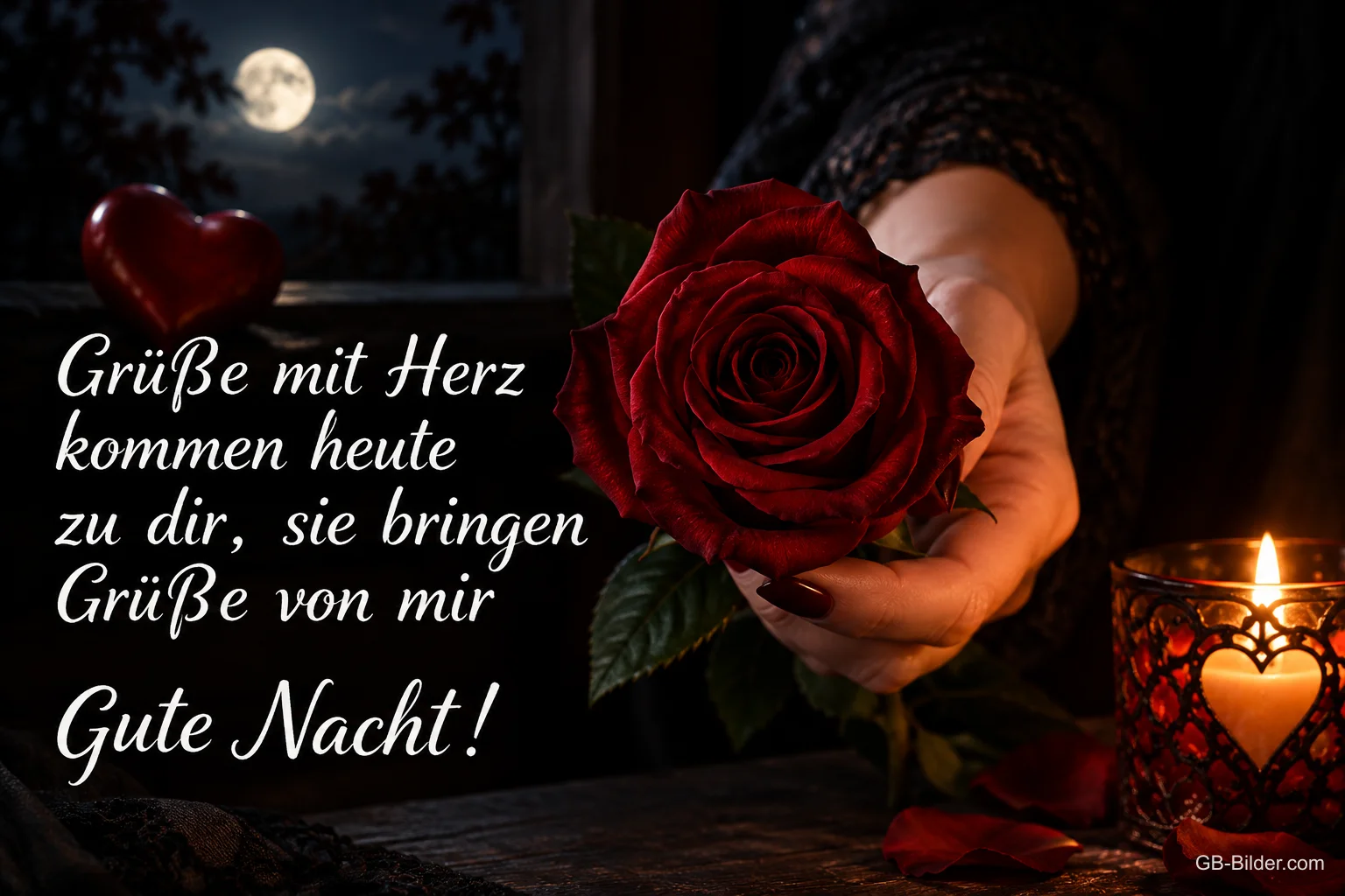 Hand hält eine rote Rose neben einer brennenden Herzkerze, Text: Grüße mit Herz kommen heute zu dir, sie bringen Grüße von mir. Gute Nacht!
