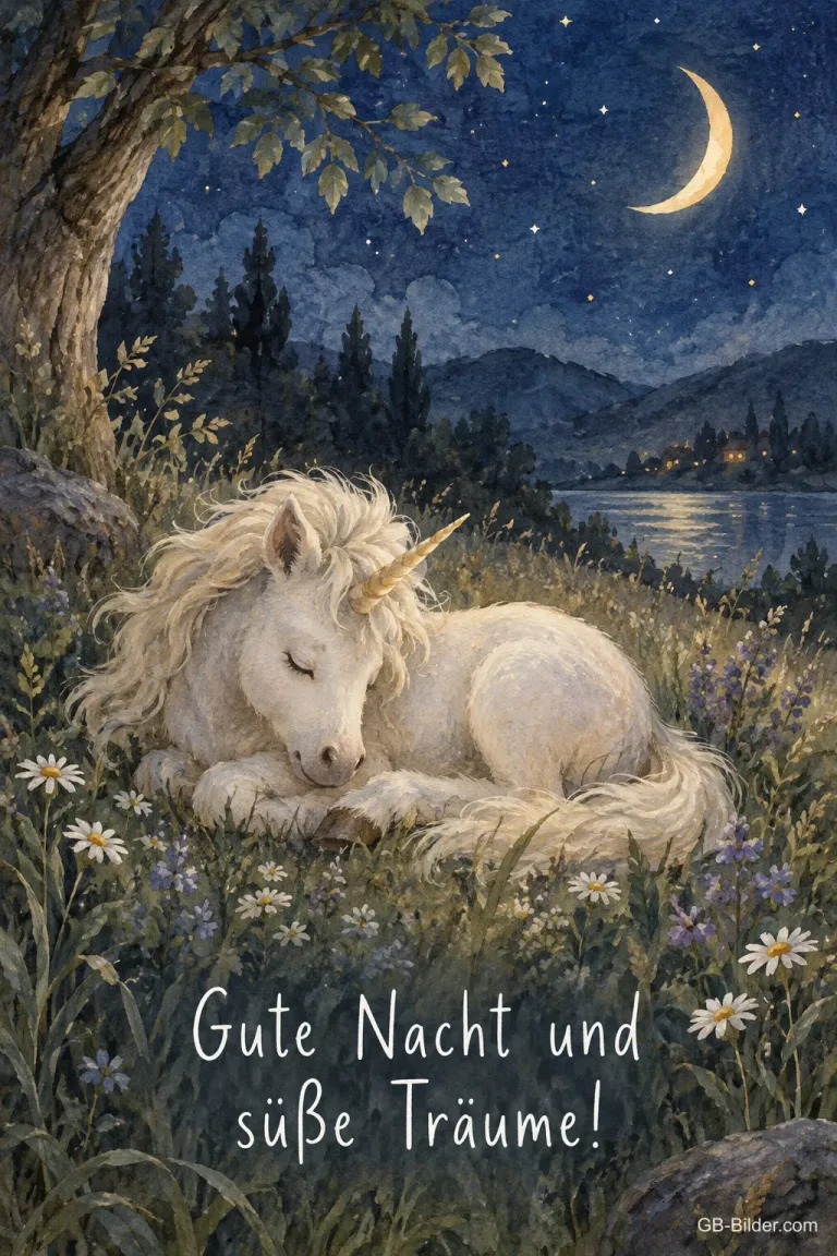 Weißes Einhorn schläft auf einer Wiese unter der Mondsichel, Text: Gute Nacht und süße Träume!