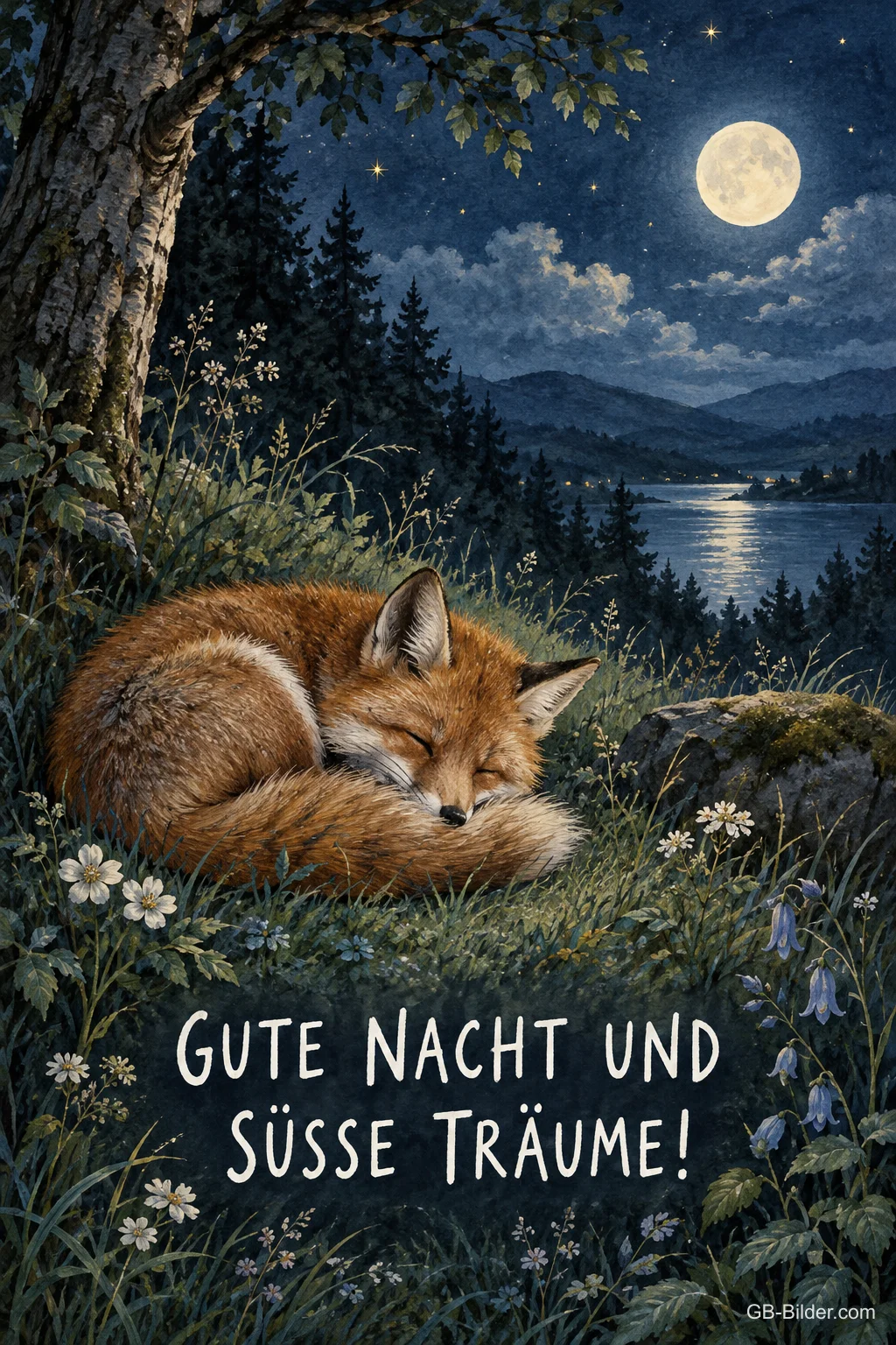 Fuchs schläft eingerollt im Gras am See bei Vollmond, Text: GUTE NACHT UND SÜSSE TRÄUME!
