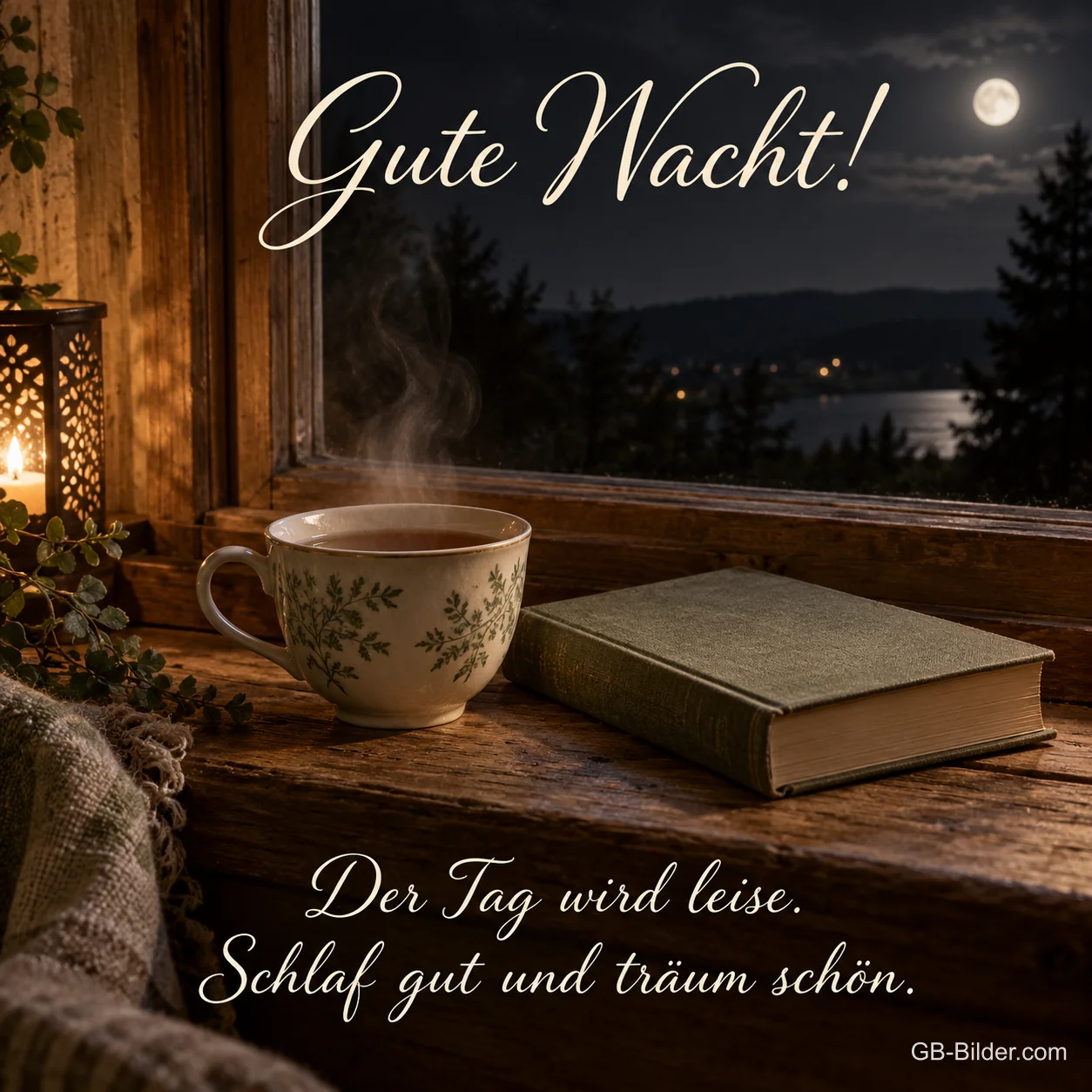 Tee und Buch bei Nacht, Text: Gute Nacht