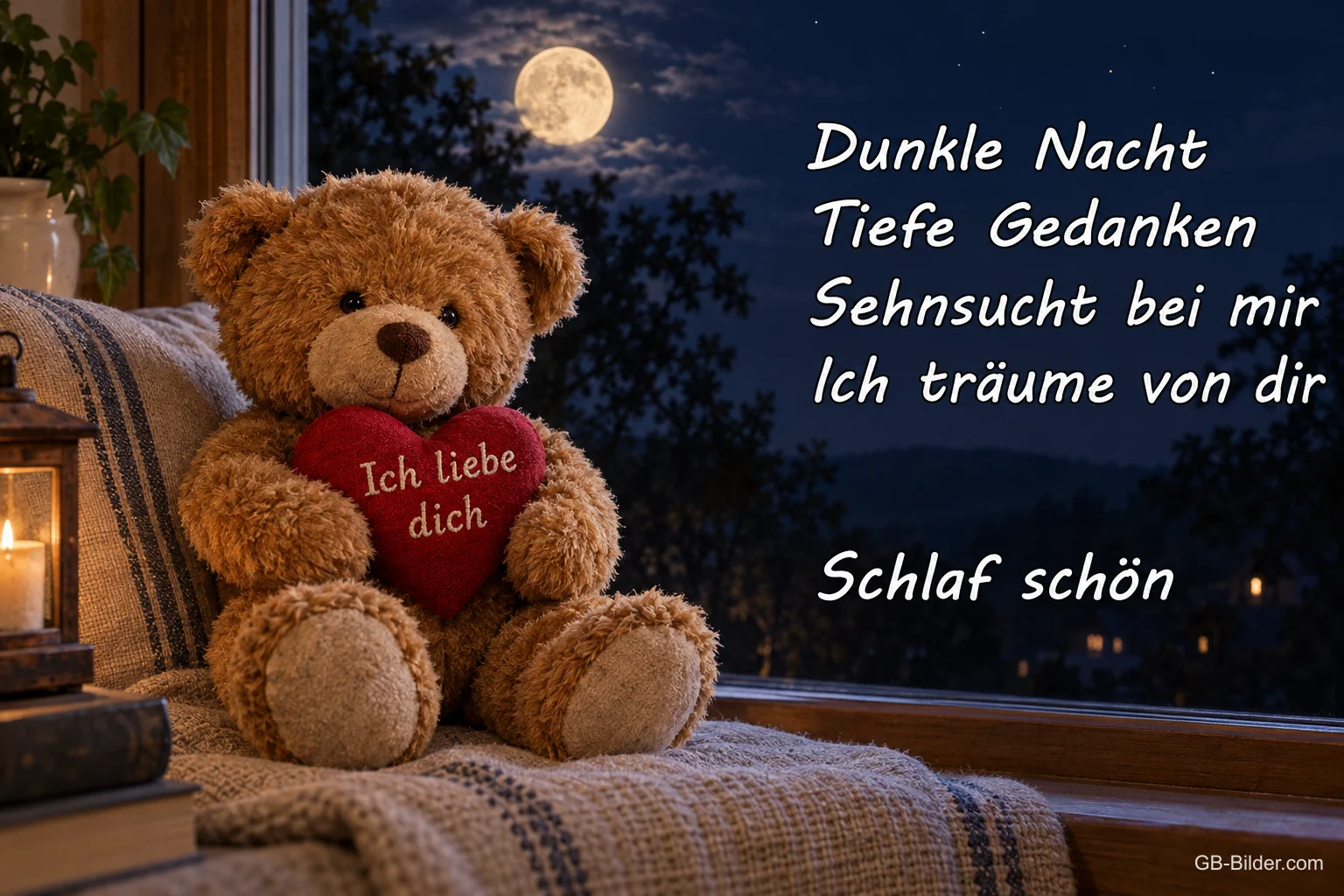 Teddybär mit rotem Herz am Fenster bei Vollmond, Text: Dunkle Nacht, tiefe Gedanken, Sehnsucht bei mir, ich träume von dir. Schlaf schön