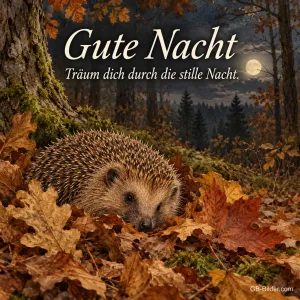 Igel im Herbstlaub bei Nacht, Text: Gute Nacht