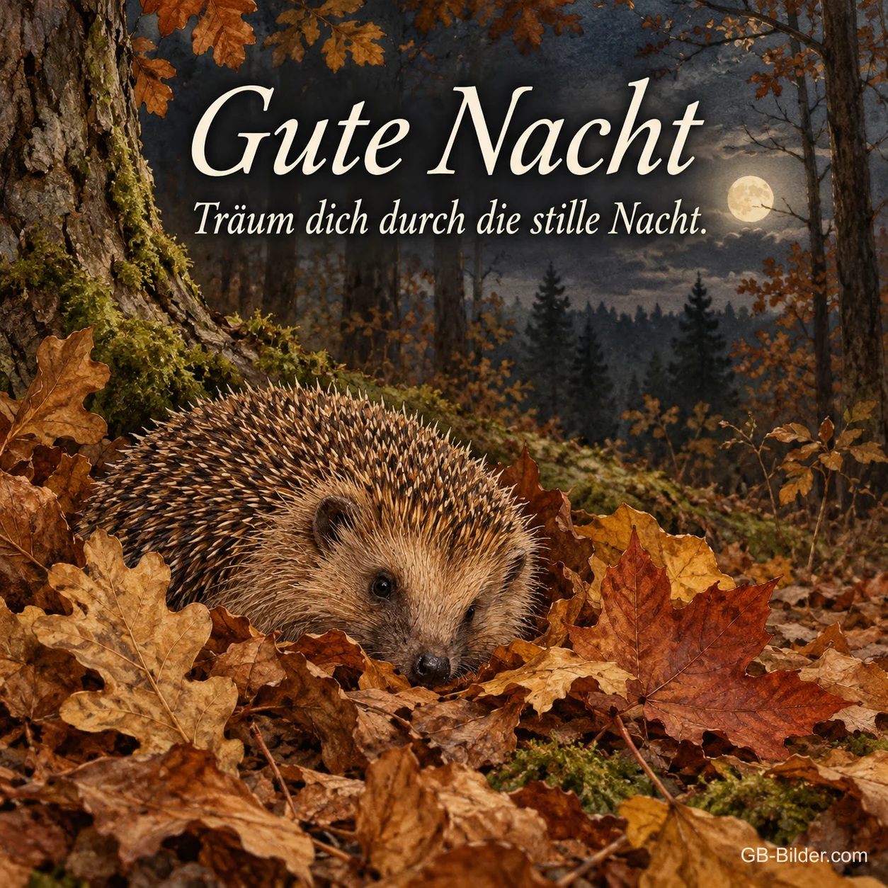 Igel im Herbstlaub bei Nacht, Text: Gute Nacht
