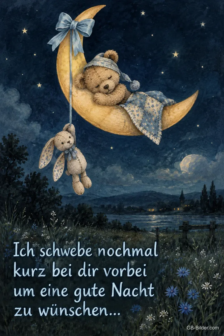 Teddybär schläft auf einer Mondsichel mit Stoffhase, Text: Ich schwebe nochmal kurz bei dir vorbei um eine gute Nacht zu wünschen…