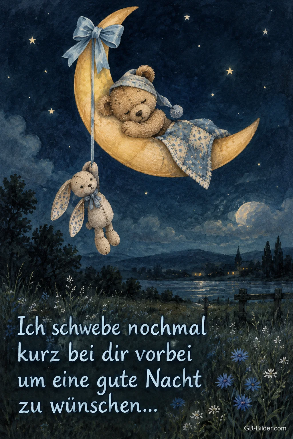 Teddybär schläft auf einer Mondsichel mit Stoffhase, Text: Ich schwebe nochmal kurz bei dir vorbei um eine gute Nacht zu wünschen…