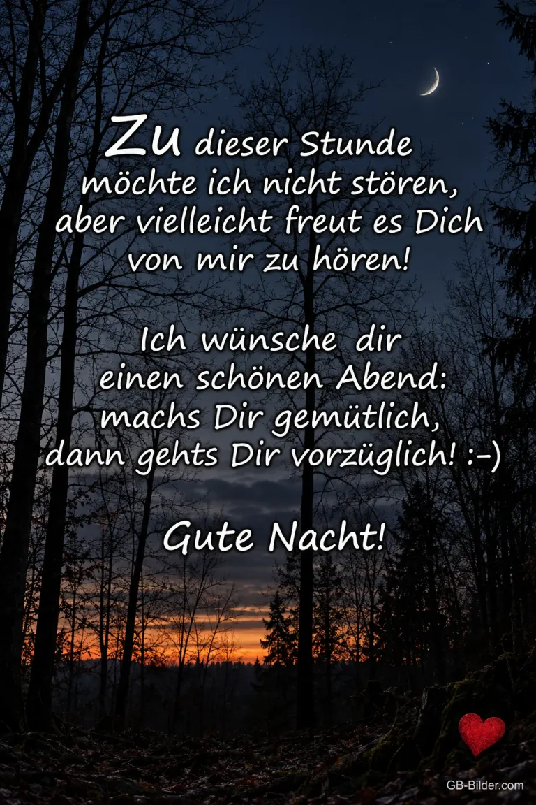 Dunkler Wald vor dem letzten Abendrot mit Mondsichel, Text: Zu dieser Stunde möchte ich nicht stören, aber vielleicht freut es Dich von mir zu hören! Ich wünsche dir einen schönen Abend: machs Dir gemütlich, dann gehts Dir vorzüglich! :-) Gute Nacht!