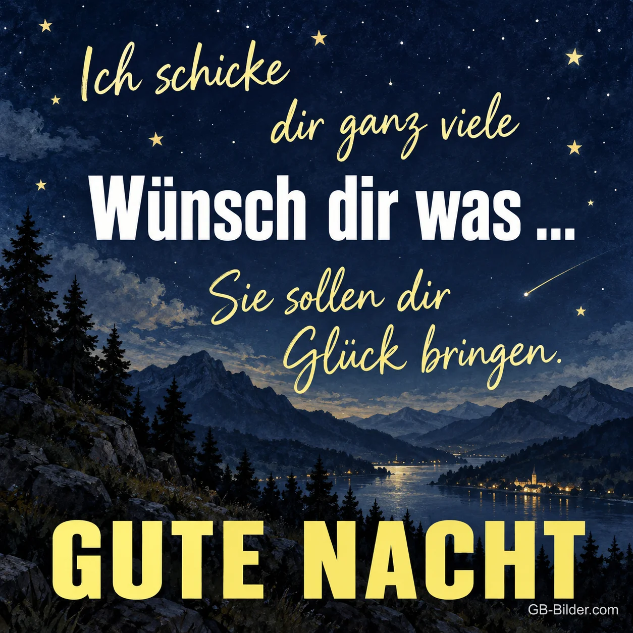 Sternschnuppe über einem Bergsee bei Nacht, Text: Ich schicke dir ganz viele Wünsch dir was … Sie sollen dir Glück bringen. GUTE NACHT Sternschnuppe über einem Bergsee bei Nacht, Text: Ich schicke dir ganz viele Wünsch dir was … Sie sollen dir Glück bringen. GUTE NACHT